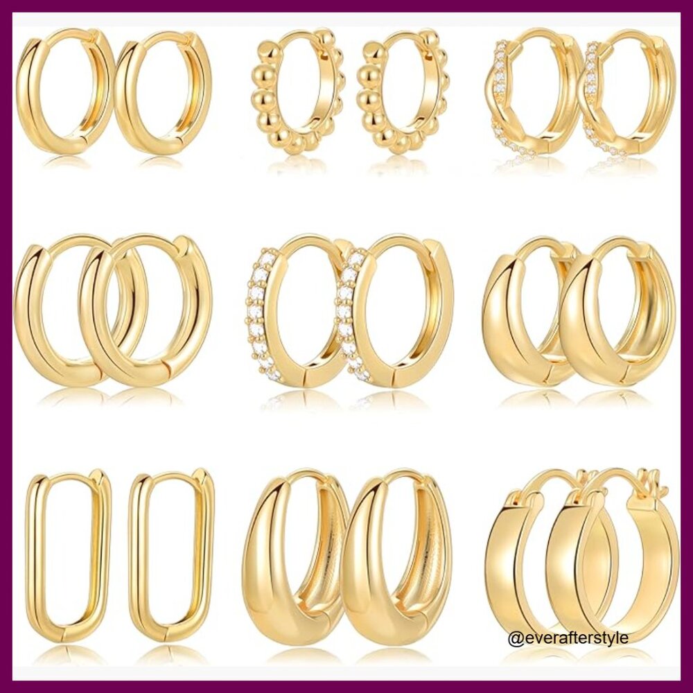 9 Pairs 14K Gold Plated Chunky Hoop Huggie Earrings Set Hypoallergenic